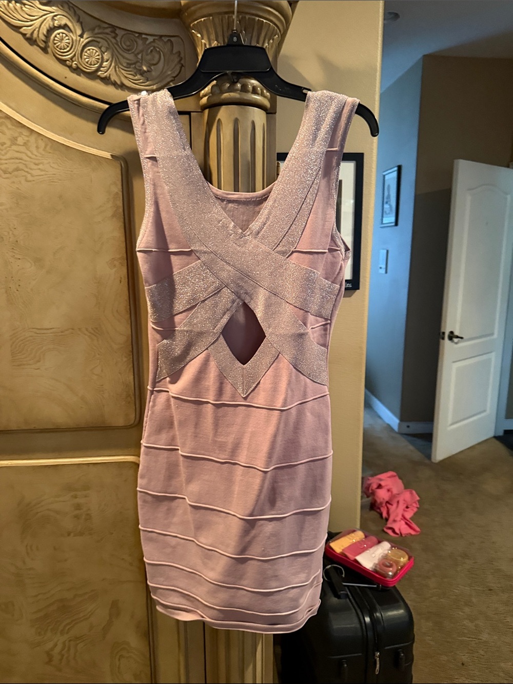 2B Bebe Pink Sleeveless Bandage Dress with Shimmer Cross Straps